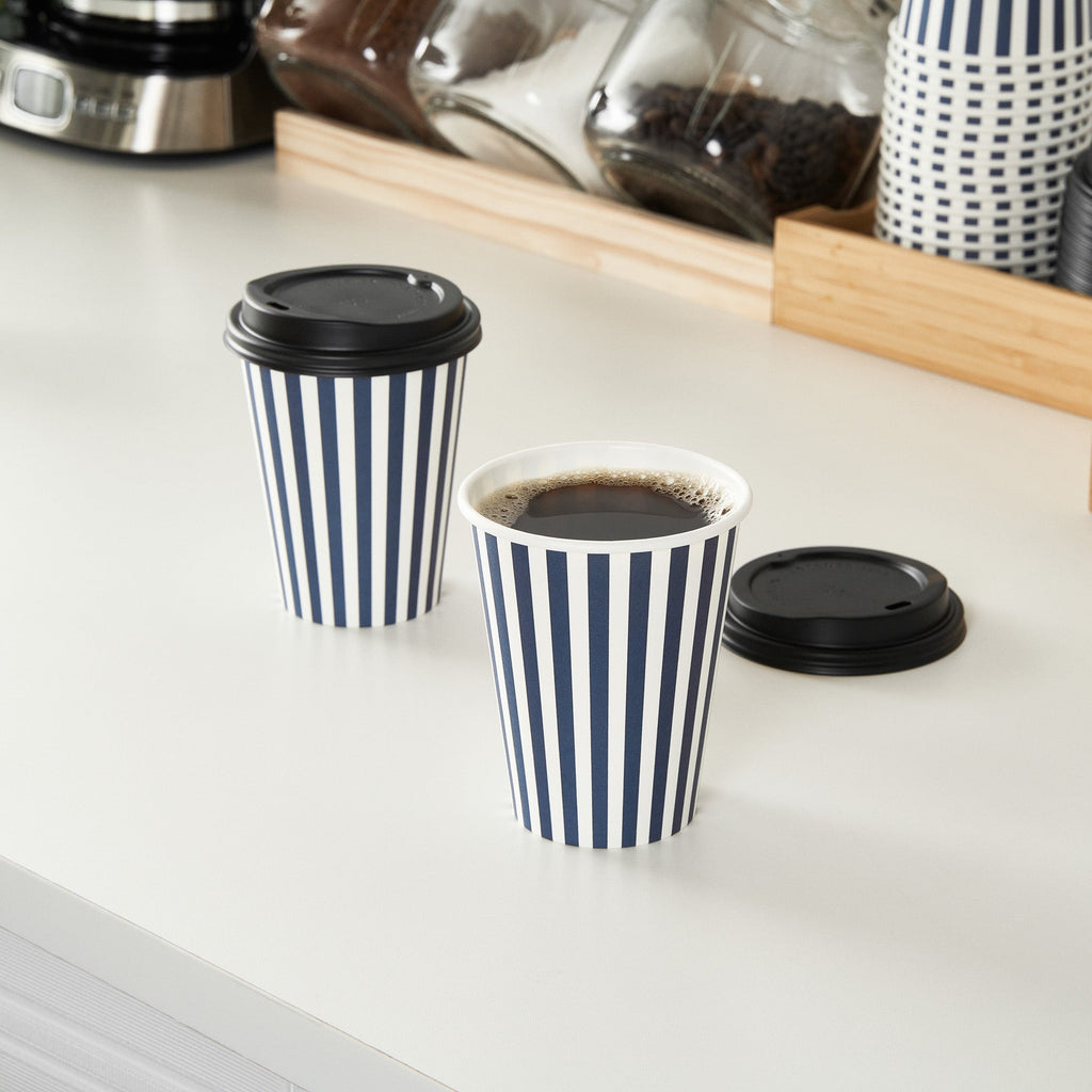 Restpresso 12 oz Blue and White Stripe Paper Single Wall Coffee Cup - with Black Lid - 3 1/2"x 3 1/2"x 4 1/4" - 20 count box