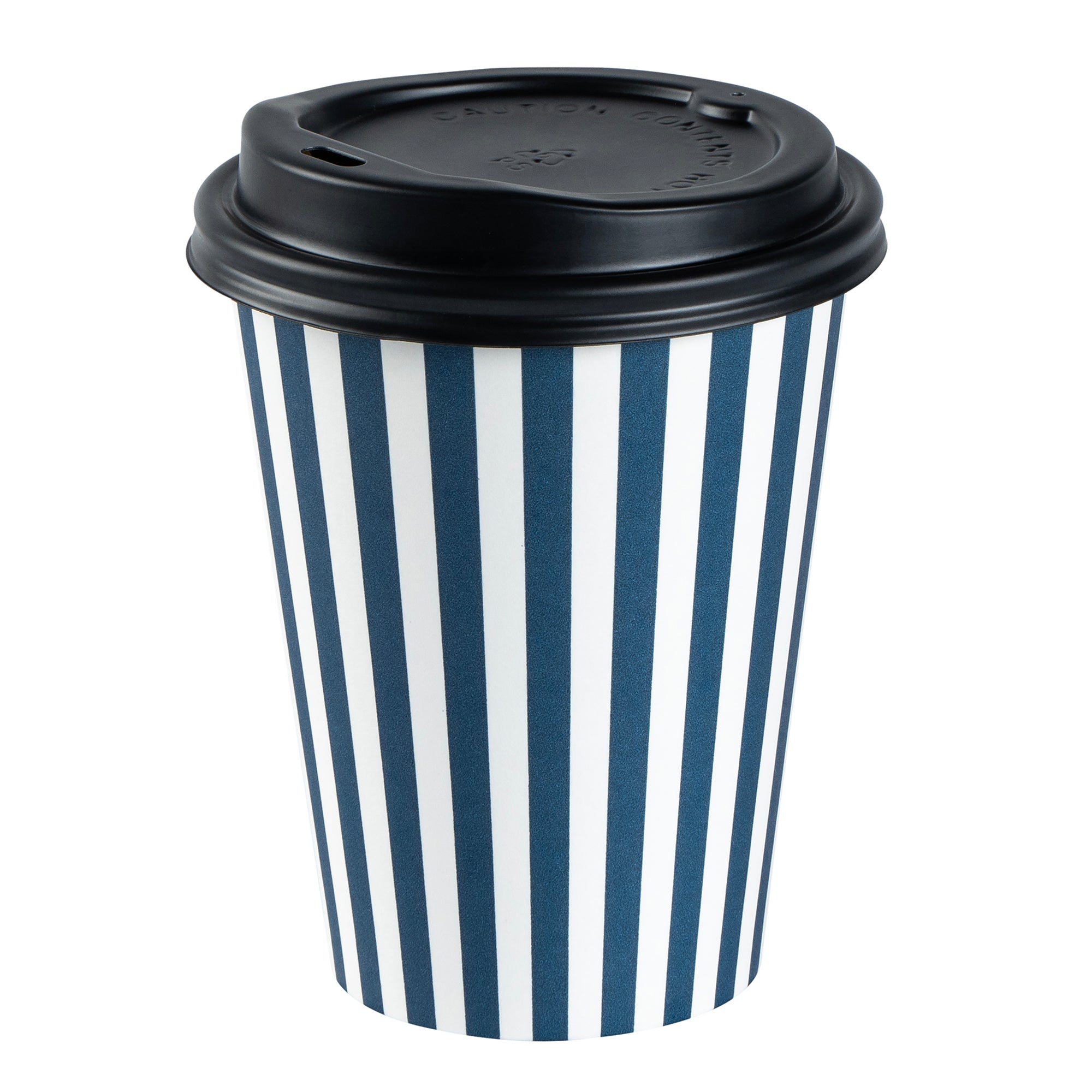 Restpresso 12 oz Blue and White Stripe Paper Single Wall Coffee Cup - with Black Lid - 3 1/2"x 3 1/2"x 4 1/4" - 400 count box