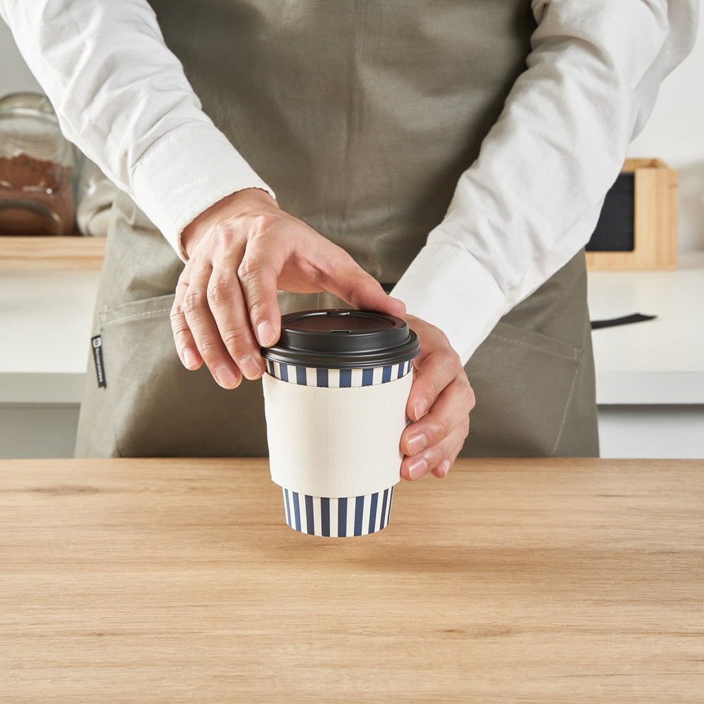 Restpresso 12 oz Blue and White Stripe Paper Single Wall Coffee Cup - with Black Lid - 3 1/2"x 3 1/2"x 4 1/4" - 400 count box