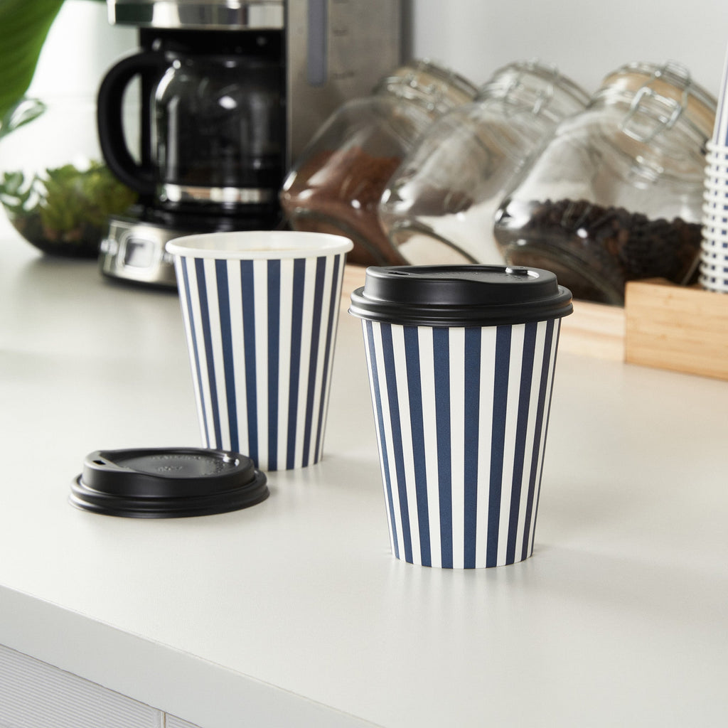 Restpresso 12 oz Blue and White Stripe Paper Single Wall Coffee Cup - with Black Lid - 3 1/2"x 3 1/2"x 4 1/4" - 400 count box