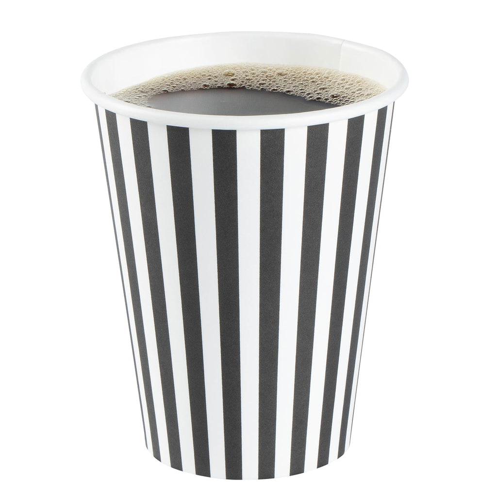Restpresso 12 oz Black and White Stripe Paper Single Wall Coffee Cup - with Black Lid - 3 1/2"x 3 1/2"x 4 1/4" - 20 count box