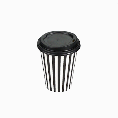 Restpresso 12 oz Black and White Stripe Paper Single Wall Coffee Cup - with Black Lid - 3 1/2"x 3 1/2"x 4 1/4" - 20 count box