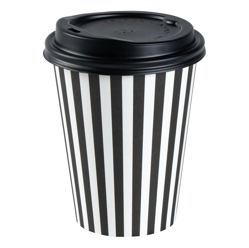Restpresso 12 oz Black and White Stripe Paper Single Wall Coffee Cup - with Black Lid - 3 1/2"x 3 1/2"x 4 1/4" - 20 count box