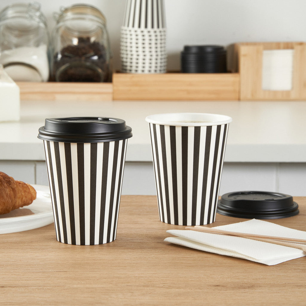 Restpresso 12 oz Black and White Stripe Paper Single Wall Coffee Cup - with Black Lid - 3 1/2"x 3 1/2"x 4 1/4" - 20 count box