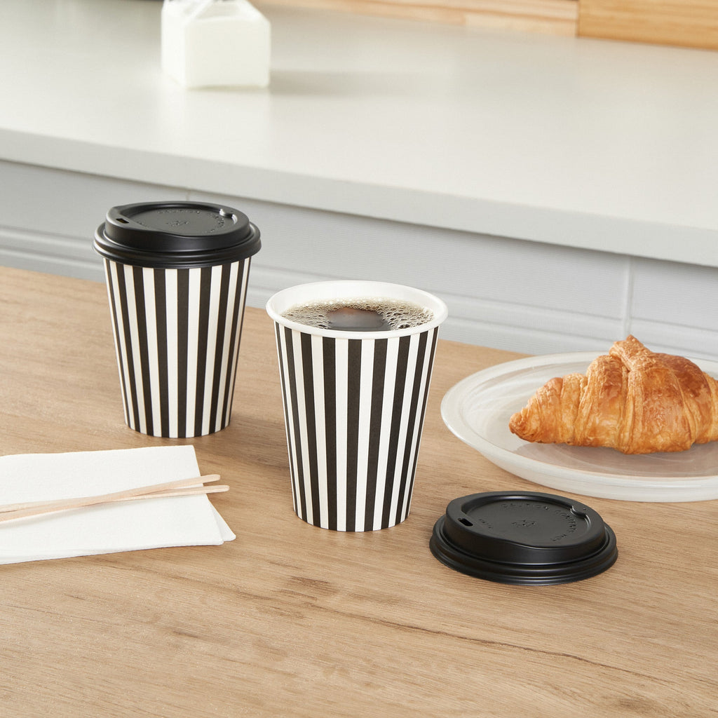 Restpresso 12 oz Black and White Stripe Paper Single Wall Coffee Cup - with Black Lid - 3 1/2"x 3 1/2"x 4 1/4" - 20 count box