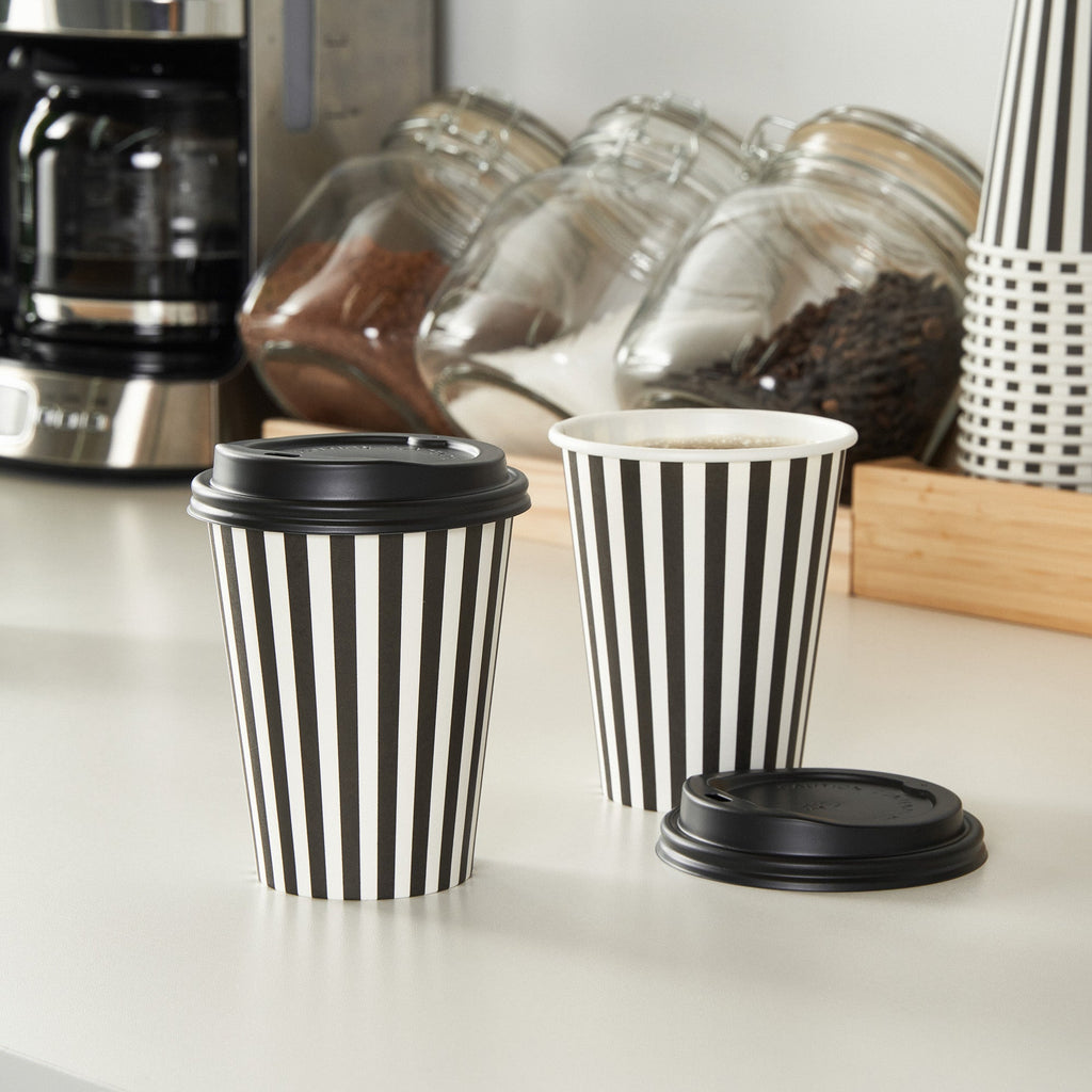 Restpresso 12 oz Black and White Stripe Paper Single Wall Coffee Cup - with Black Lid - 3 1/2"x 3 1/2"x 4 1/4" - 20 count box