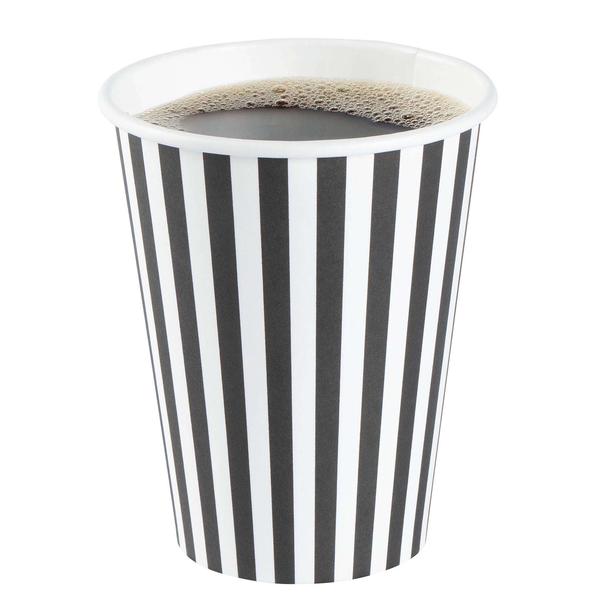 Restpresso 12 oz Black and White Stripe Paper Single Wall Coffee Cup - with Black Lid - 3 1/2"x 3 1/2"x 4 1/4" - 400 count box