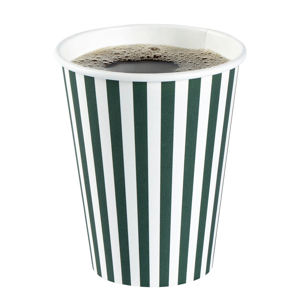 Restpresso 12 oz Forest Green and White Stripe Paper Single Wall Coffee Cup - with Black Lid - 3 1/2"x 3 1/2"x 4 1/4" - 20 count box