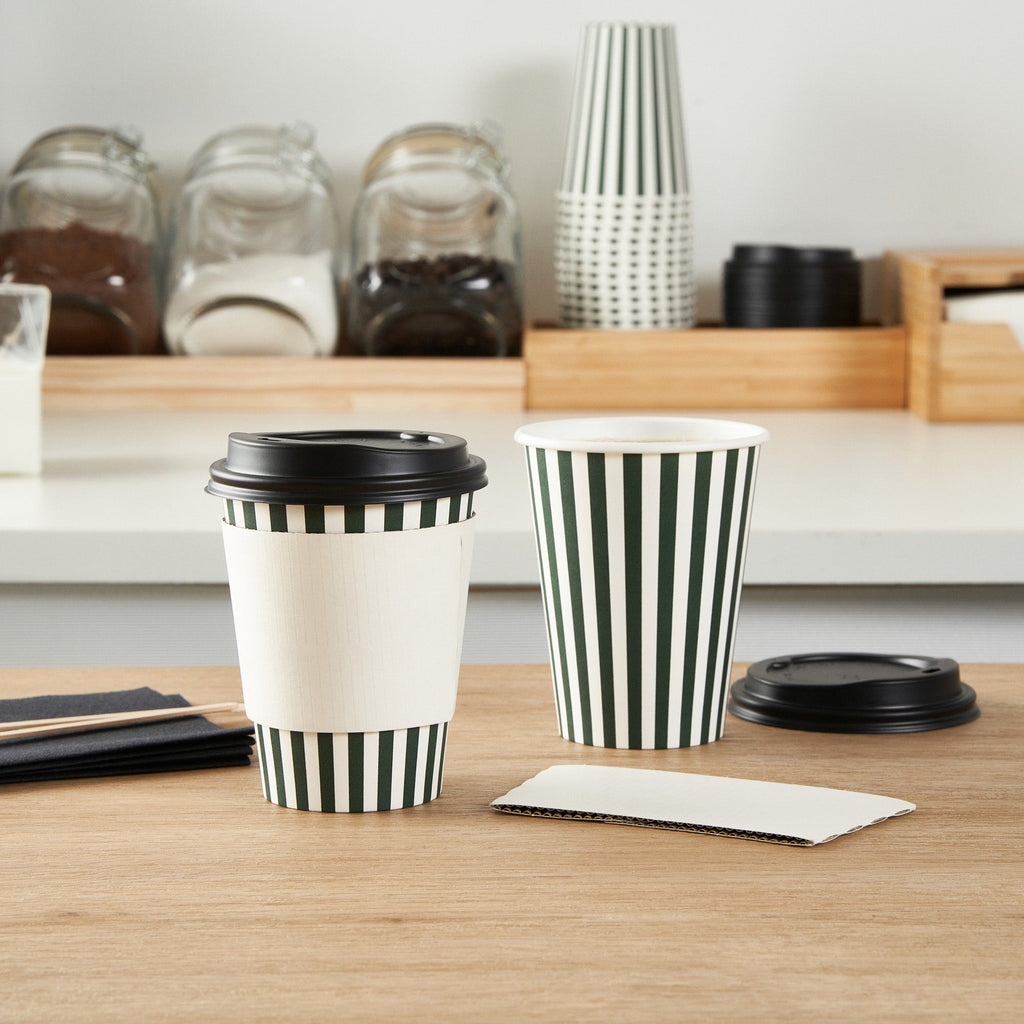 Restpresso 12 oz Forest Green and White Stripe Paper Single Wall Coffee Cup - with Black Lid - 3 1/2"x 3 1/2"x 4 1/4" - 20 count box