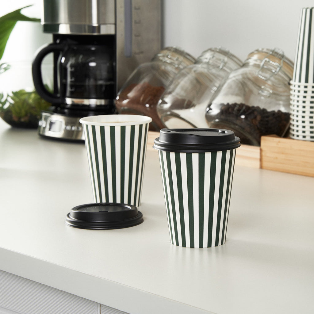 Restpresso 12 oz Forest Green and White Stripe Paper Single Wall Coffee Cup - with Black Lid - 3 1/2"x 3 1/2"x 4 1/4" - 20 count box