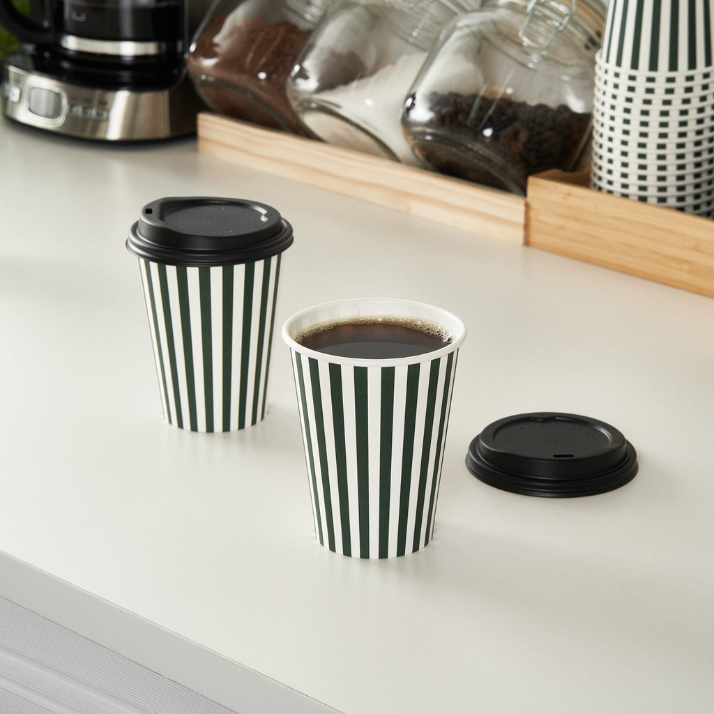 Restpresso 12 oz Forest Green and White Stripe Paper Single Wall Coffee Cup - with Black Lid - 3 1/2"x 3 1/2"x 4 1/4" - 400 count box