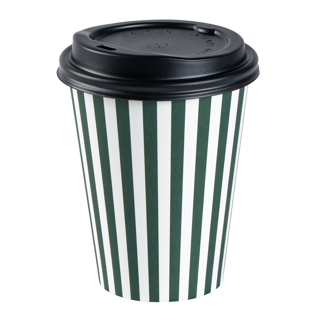 Restpresso 12 oz Forest Green and White Stripe Paper Single Wall Coffee Cup - with Black Lid - 3 1/2"x 3 1/2"x 4 1/4" - 400 count box