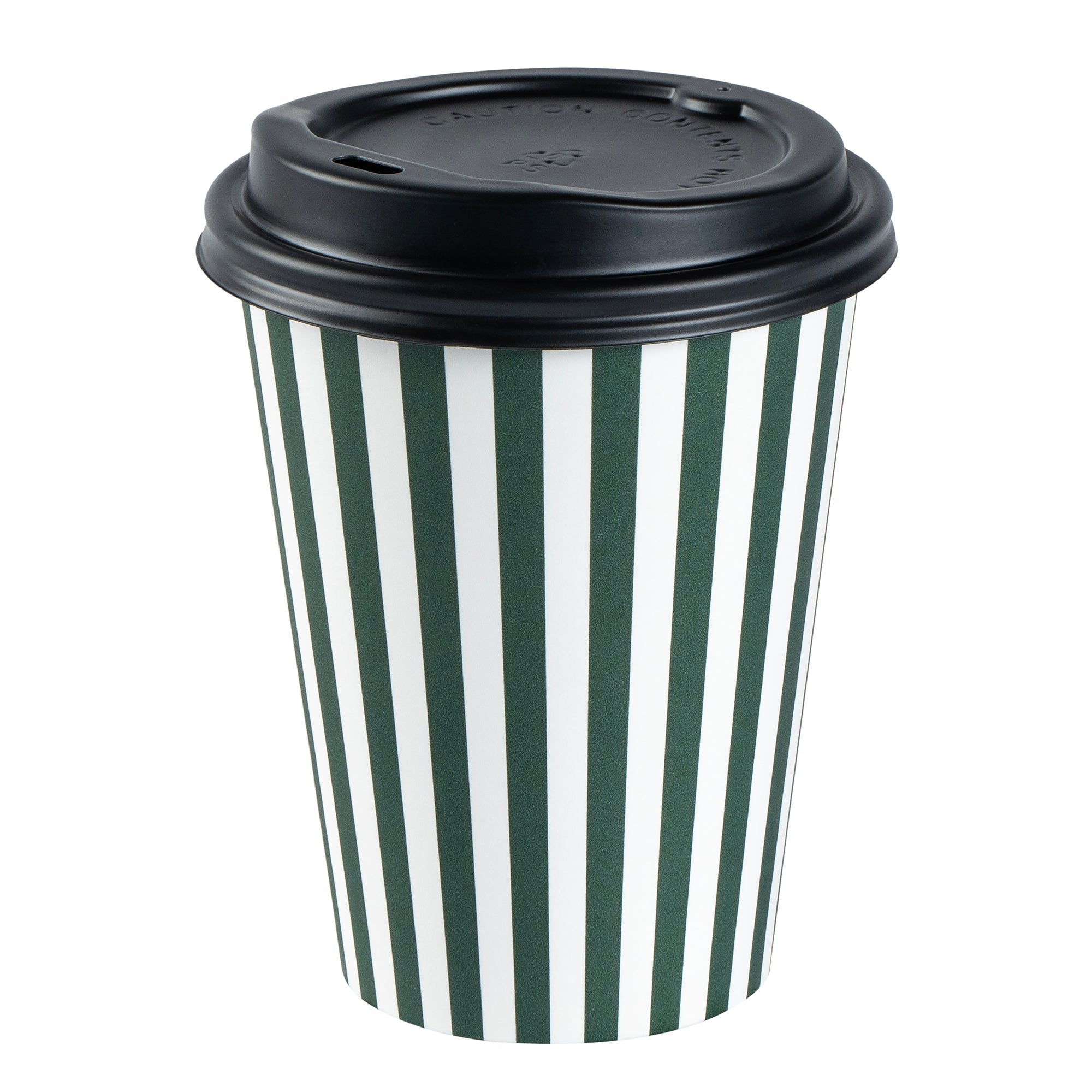Restpresso 12 oz Forest Green and White Stripe Paper Single Wall Coffee Cup - with Black Lid - 3 1/2"x 3 1/2"x 4 1/4" - 400 count box