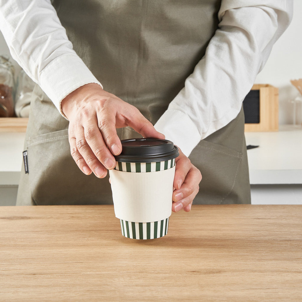 Restpresso 12 oz Forest Green and White Stripe Paper Single Wall Coffee Cup - with Black Lid - 3 1/2"x 3 1/2"x 4 1/4" - 400 count box