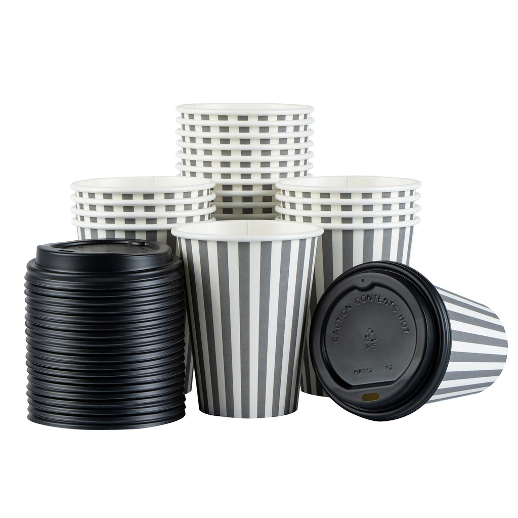 Restpresso 12 oz Gray and White Stripe Paper Single Wall Coffee Cup - with Black Lid - 3 1/2"x 3 1/2"x 4 1/4" - 20 count box