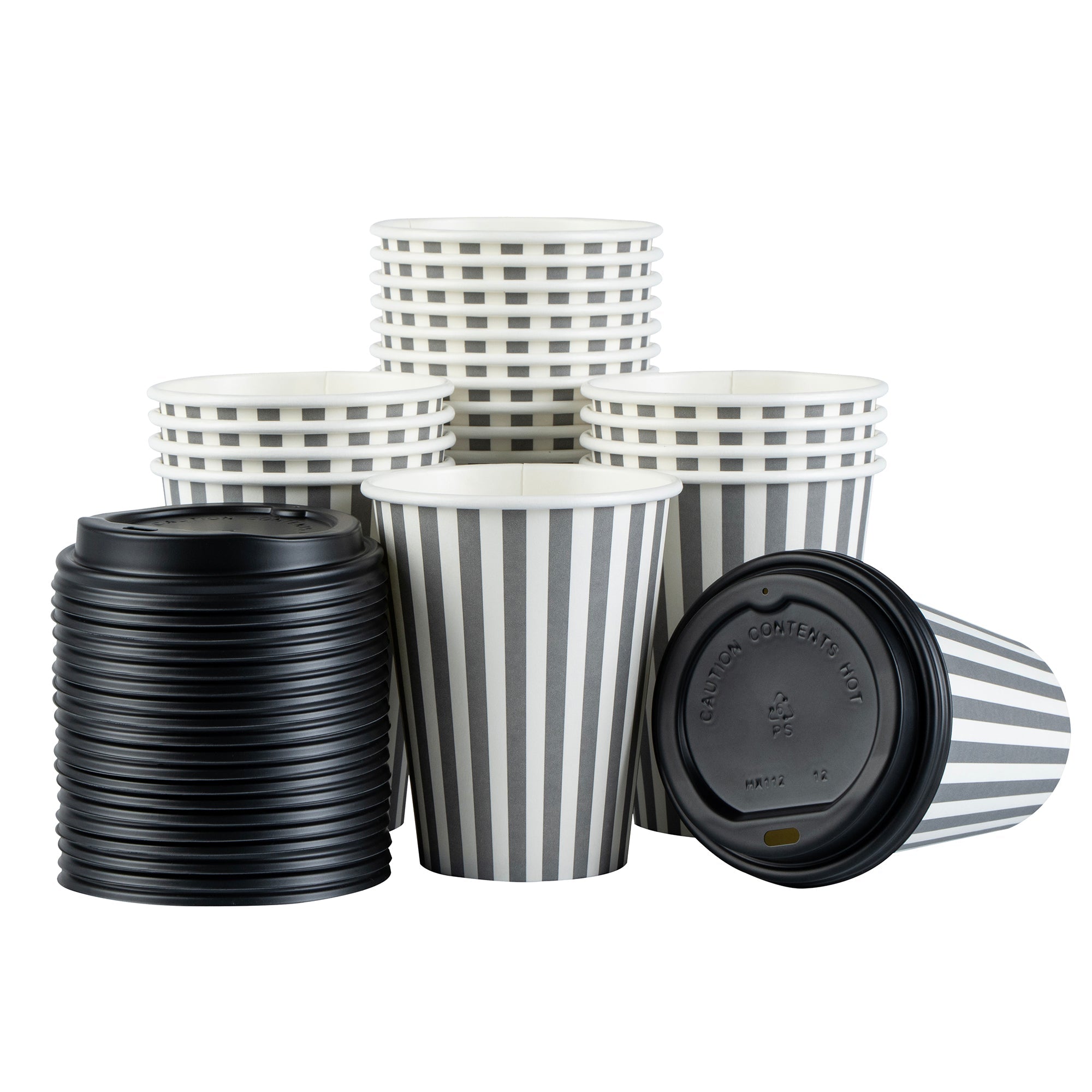 Restpresso 12 oz Gray and White Stripe Paper Single Wall Coffee Cup - with Black Lid - 3 1/2"x 3 1/2"x 4 1/4" - 20 count box