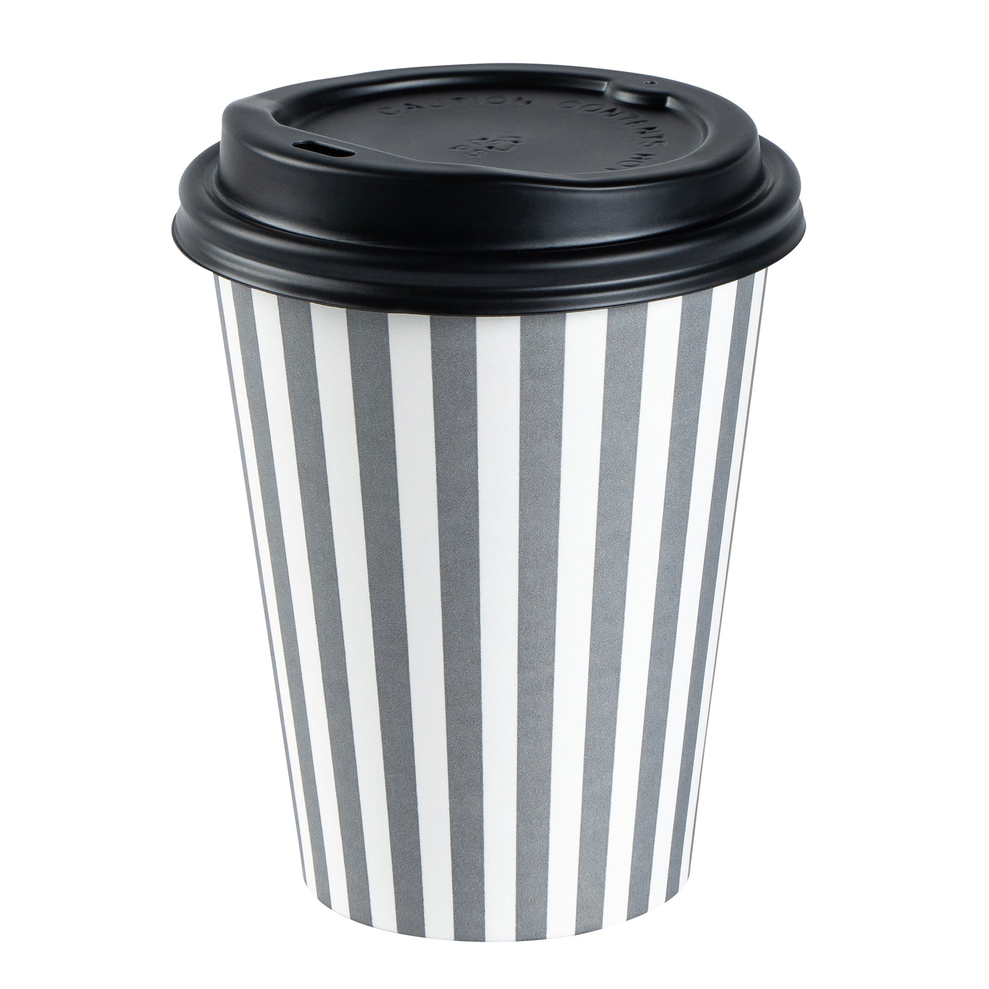 Restpresso 12 oz Gray and White Stripe Paper Single Wall Coffee Cup - with Black Lid - 3 1/2"x 3 1/2"x 4 1/4" - 400 count box