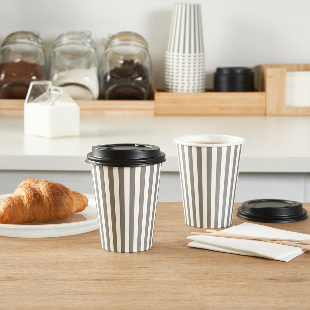 Restpresso 12 oz Gray and White Stripe Paper Single Wall Coffee Cup - with Black Lid - 3 1/2"x 3 1/2"x 4 1/4" - 400 count box
