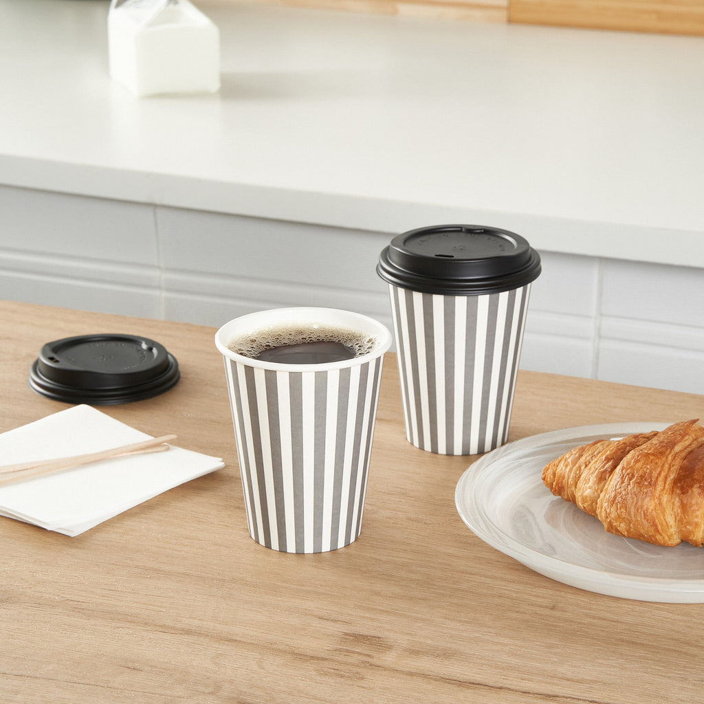 Restpresso 12 oz Gray and White Stripe Paper Single Wall Coffee Cup - with Black Lid - 3 1/2"x 3 1/2"x 4 1/4" - 400 count box