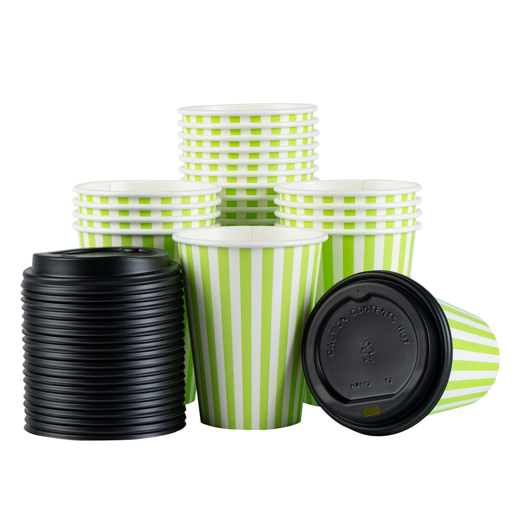 Restpresso 12 oz Green and White Stripe Paper Single Wall Coffee Cup - with Black Lid - 3 1/2"x 3 1/2"x 4 1/4" - 20 count box