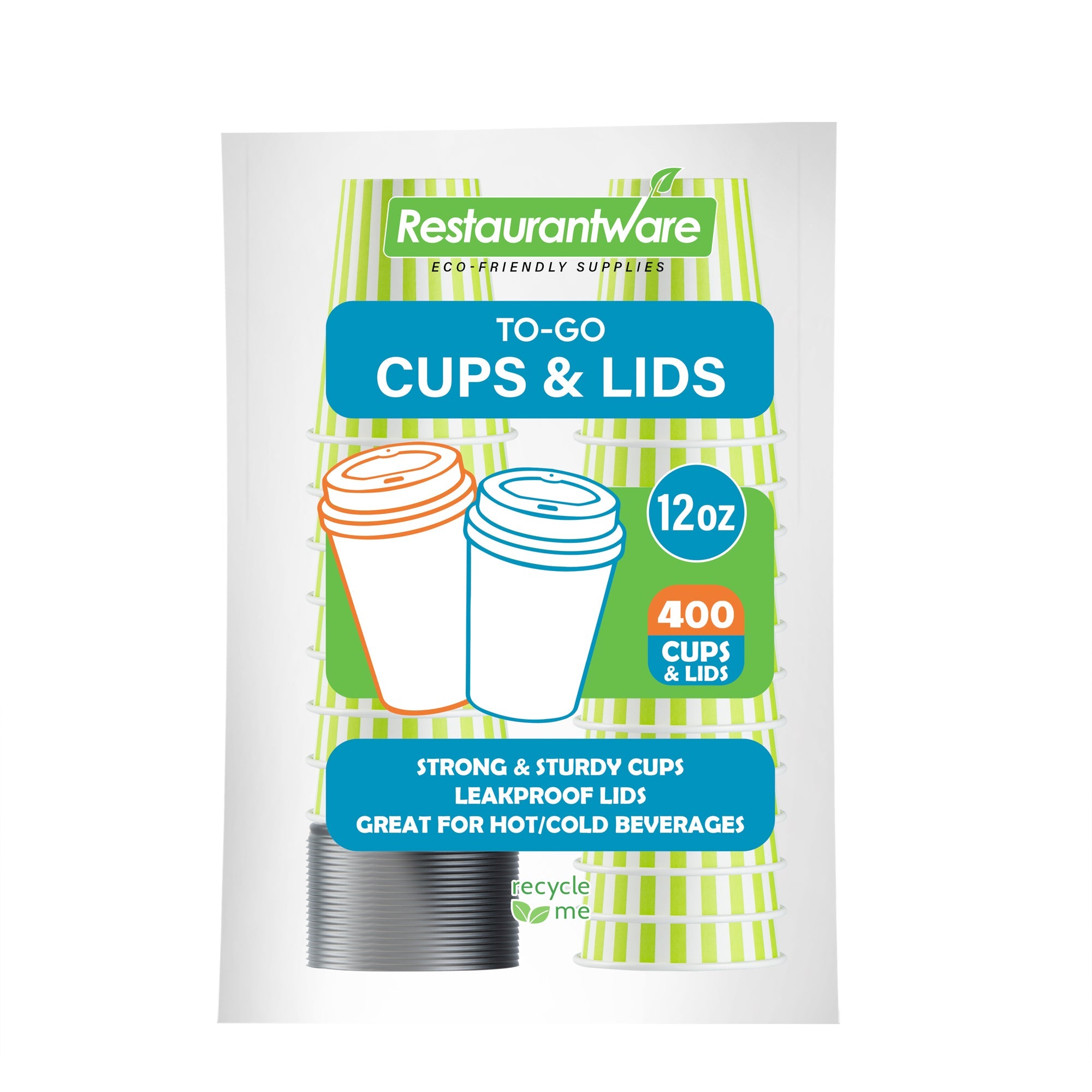 Restpresso 12 oz Green and White Stripe Paper Single Wall Coffee Cup - with Black Lid - 3 1/2"x 3 1/2"x 4 1/4" - 20 count box