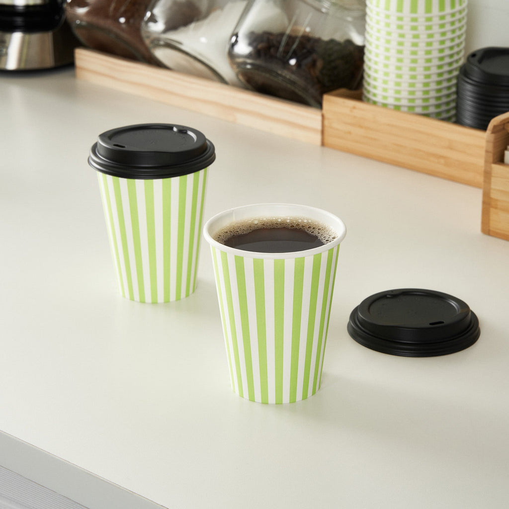 Restpresso 12 oz Green and White Stripe Paper Single Wall Coffee Cup - with Black Lid - 3 1/2"x 3 1/2"x 4 1/4" - 20 count box