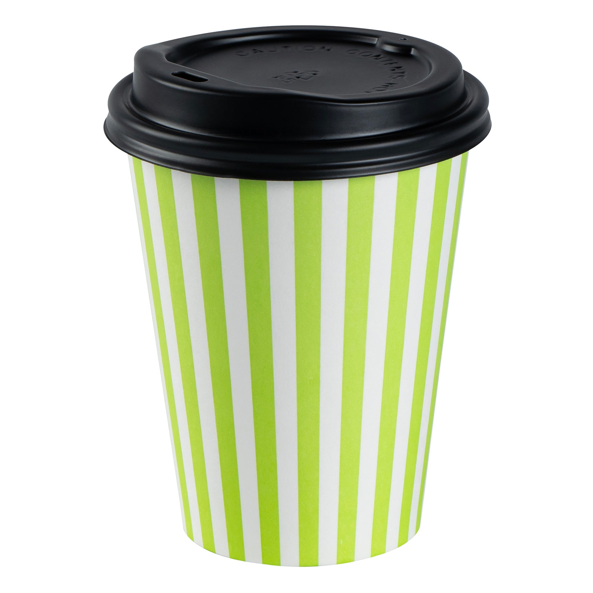 Restpresso 12 oz Green and White Stripe Paper Single Wall Coffee Cup - with Black Lid - 3 1/2"x 3 1/2"x 4 1/4" - 20 count box