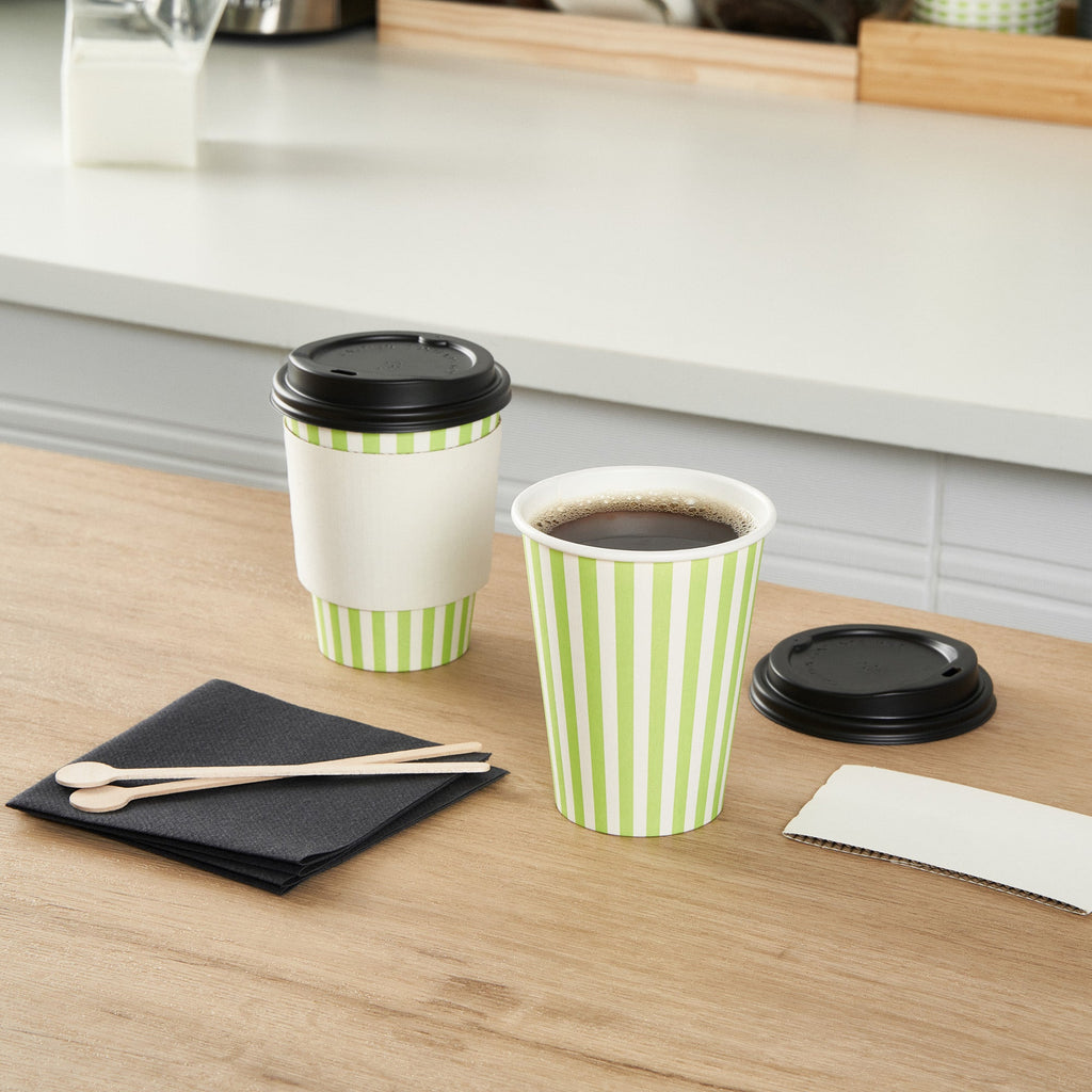 Restpresso 12 oz Green and White Stripe Paper Single Wall Coffee Cup - with Black Lid - 3 1/2"x 3 1/2"x 4 1/4" - 20 count box