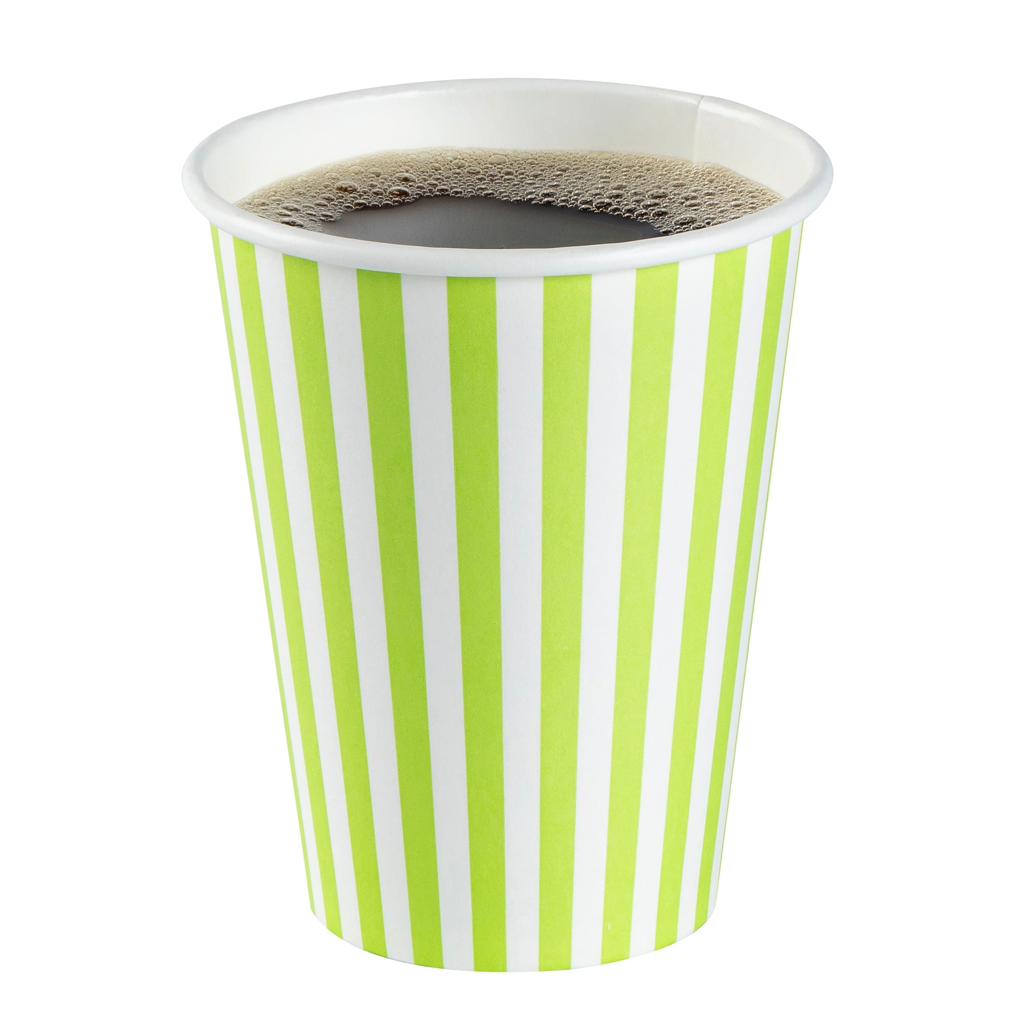 Restpresso 12 oz Green and White Stripe Paper Single Wall Coffee Cup - with Black Lid - 3 1/2"x 3 1/2"x 4 1/4" - 400 count box