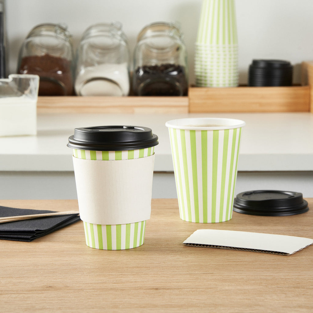 Restpresso 12 oz Green and White Stripe Paper Single Wall Coffee Cup - with Black Lid - 3 1/2"x 3 1/2"x 4 1/4" - 400 count box