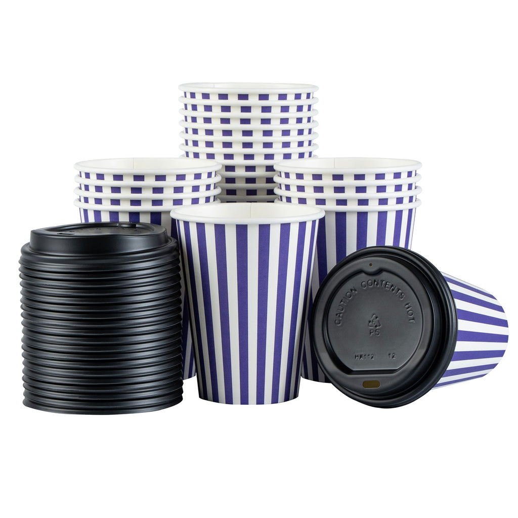 Restpresso 12 oz Purple and White Stripe Paper Single Wall Coffee Cup - with Black Lid - 3 1/2"x 3 1/2"x 4 1/4" - 20 count box