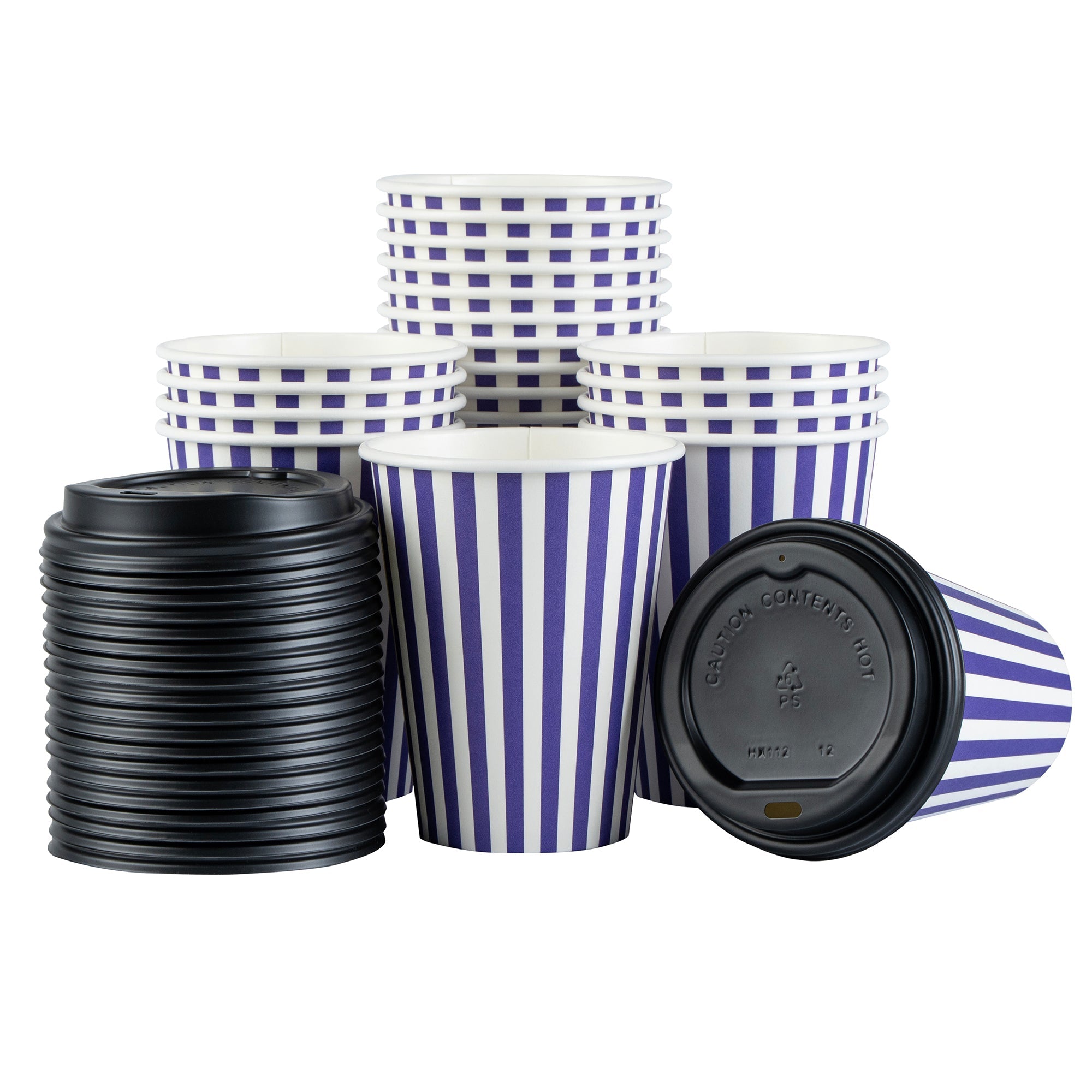 Restpresso 12 oz Purple and White Stripe Paper Single Wall Coffee Cup - with Black Lid - 3 1/2"x 3 1/2"x 4 1/4" - 20 count box