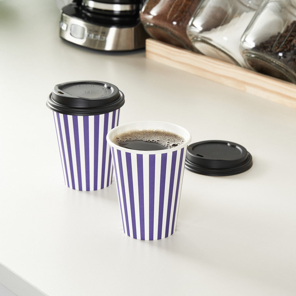 Restpresso 12 oz Purple and White Stripe Paper Single Wall Coffee Cup - with Black Lid - 3 1/2"x 3 1/2"x 4 1/4" - 20 count box