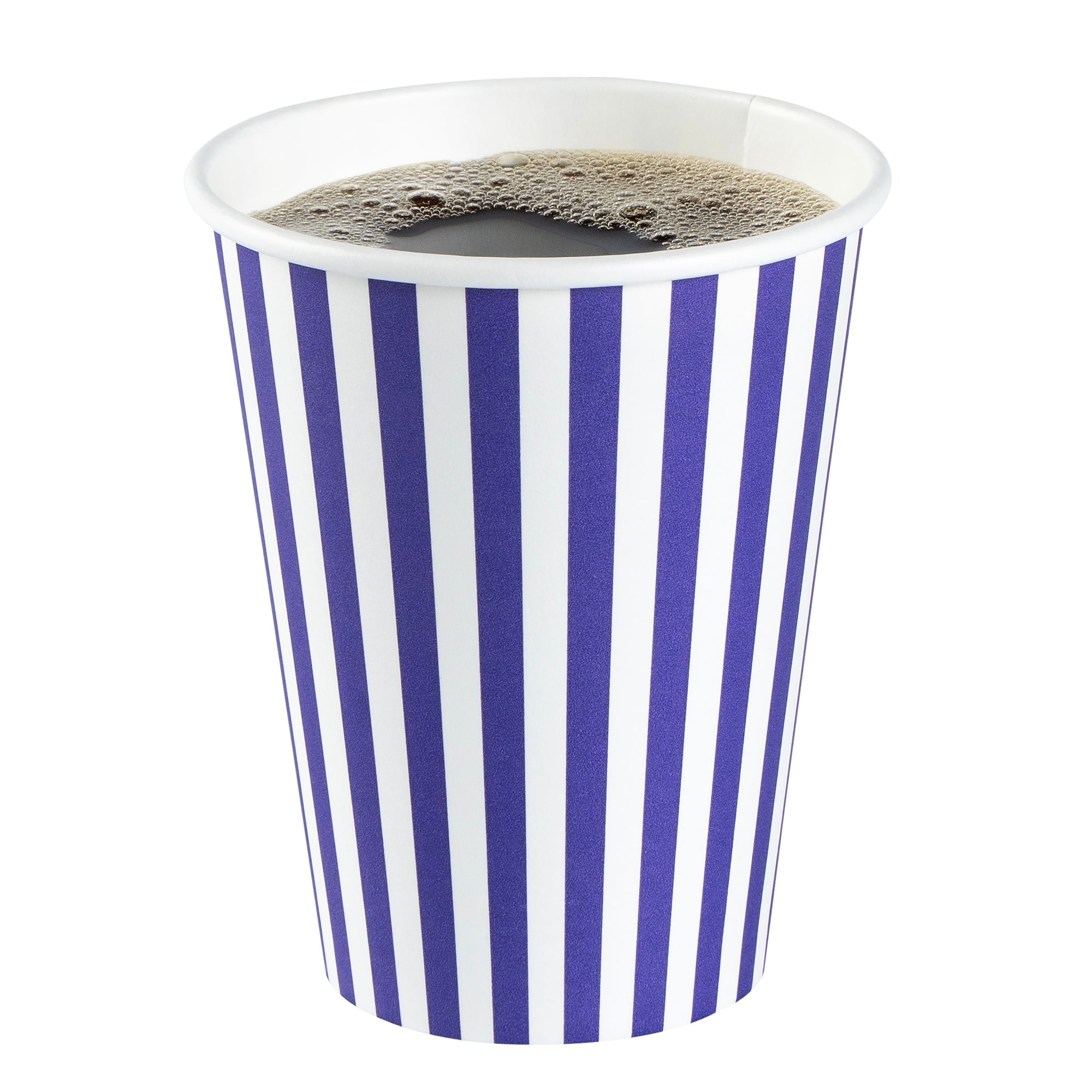 Restpresso 12 oz Purple and White Stripe Paper Single Wall Coffee Cup - with Black Lid - 3 1/2"x 3 1/2"x 4 1/4" - 20 count box