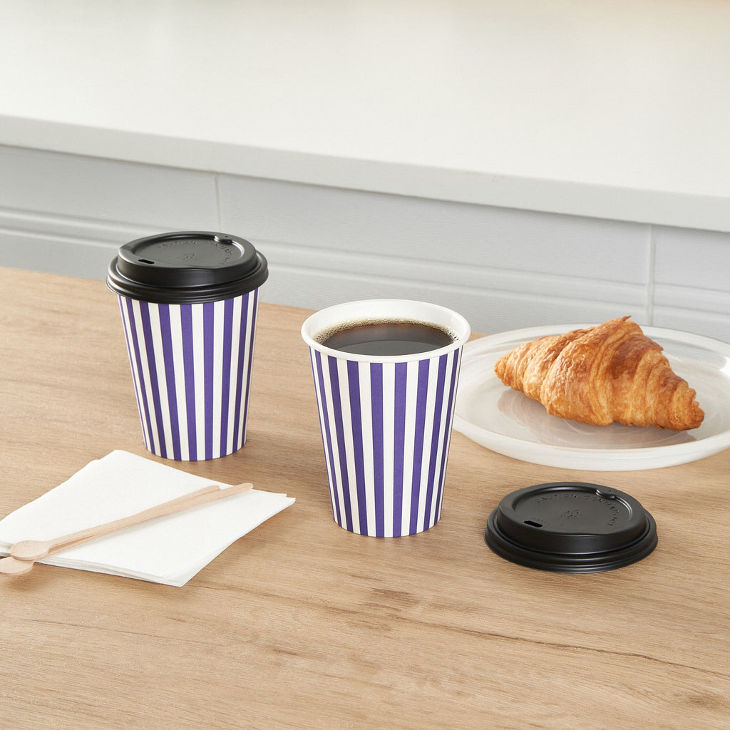 Restpresso 12 oz Purple and White Stripe Paper Single Wall Coffee Cup - with Black Lid - 3 1/2"x 3 1/2"x 4 1/4" - 20 count box