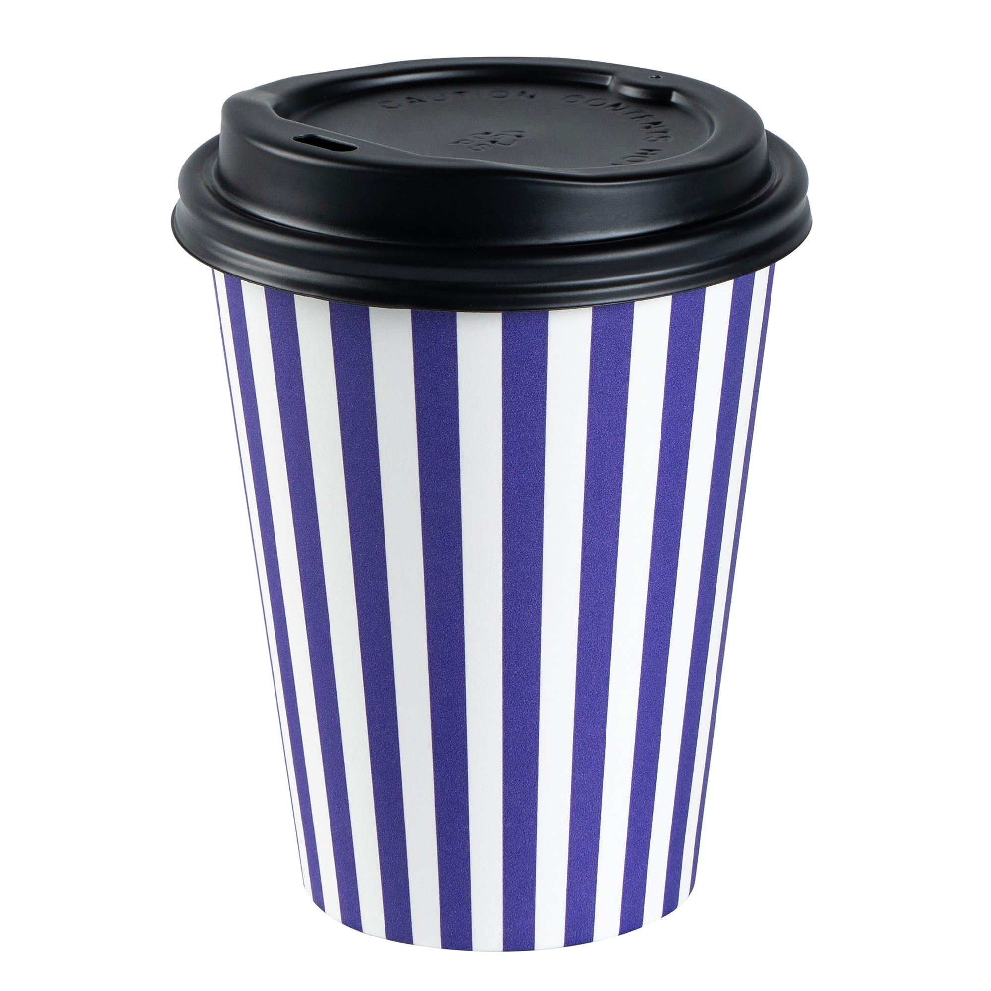 Restpresso 12 oz Purple and White Stripe Paper Single Wall Coffee Cup - with Black Lid - 3 1/2"x 3 1/2"x 4 1/4" - 400 count box