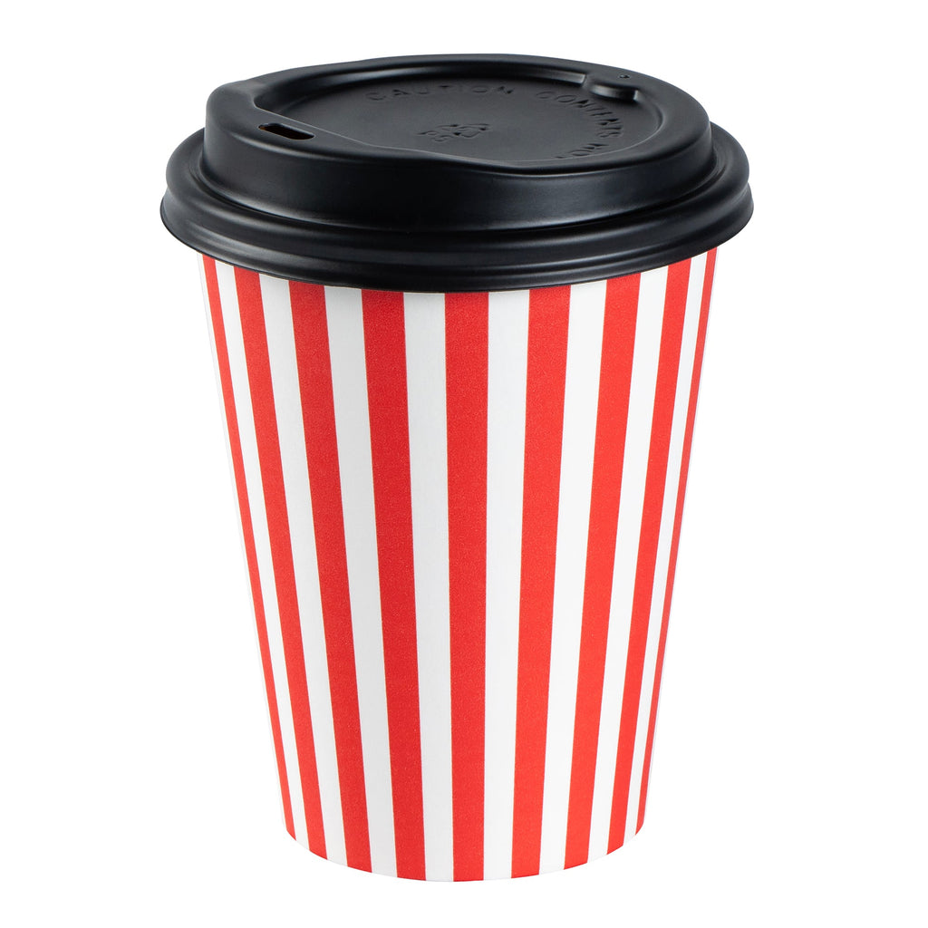Restpresso 12 oz Red and White Stripe Paper Single Wall Coffee Cup - with Black Lid - 3 1/2"x 3 1/2"x 4 1/4" - 20 count box