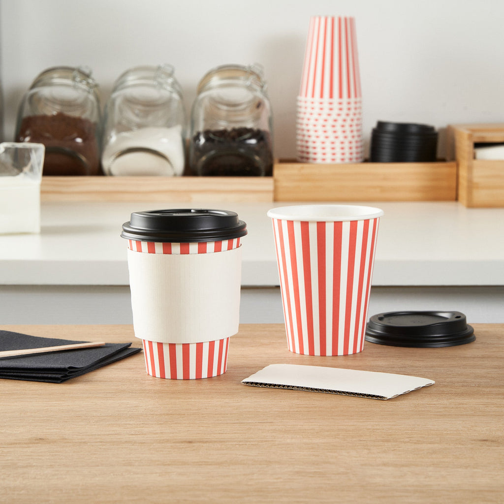 Restpresso 12 oz Red and White Stripe Paper Single Wall Coffee Cup - with Black Lid - 3 1/2"x 3 1/2"x 4 1/4" - 400 count box