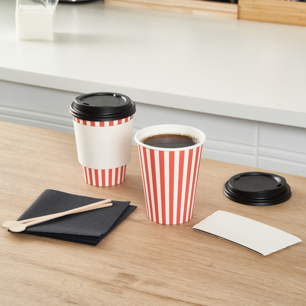 Restpresso 12 oz Red and White Stripe Paper Single Wall Coffee Cup - with Black Lid - 3 1/2"x 3 1/2"x 4 1/4" - 400 count box