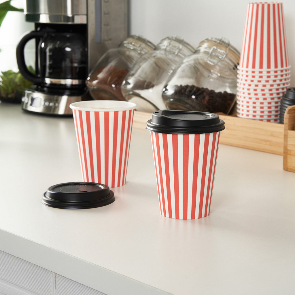 Restpresso 12 oz Red and White Stripe Paper Single Wall Coffee Cup - with Black Lid - 3 1/2"x 3 1/2"x 4 1/4" - 400 count box