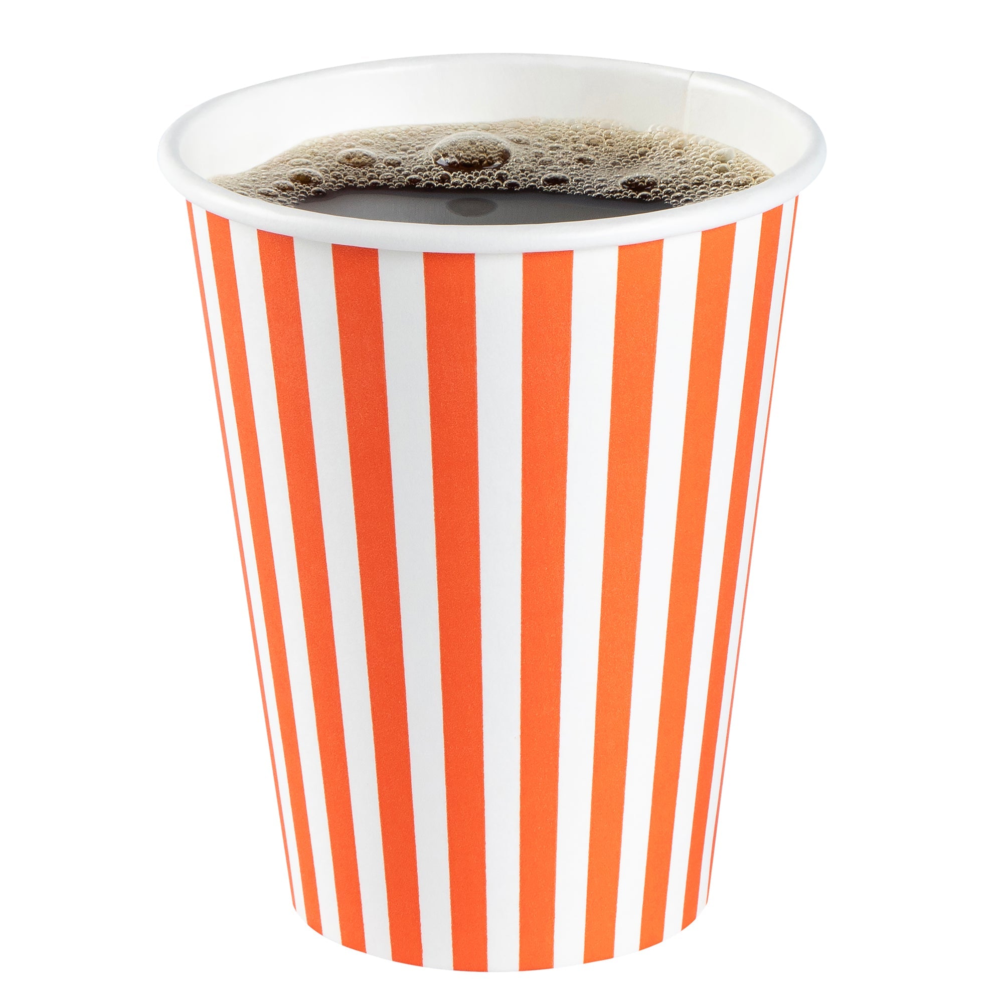 Restpresso 12 oz Orange and White Stripe Paper Single Wall Coffee Cup - with Black Lid - 3 1/2"x 3 1/2"x 4 1/4" - 20 count box