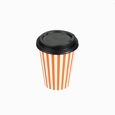 Restpresso 12 oz Orange and White Stripe Paper Single Wall Coffee Cup - with Black Lid - 3 1/2"x 3 1/2"x 4 1/4" - 20 count box