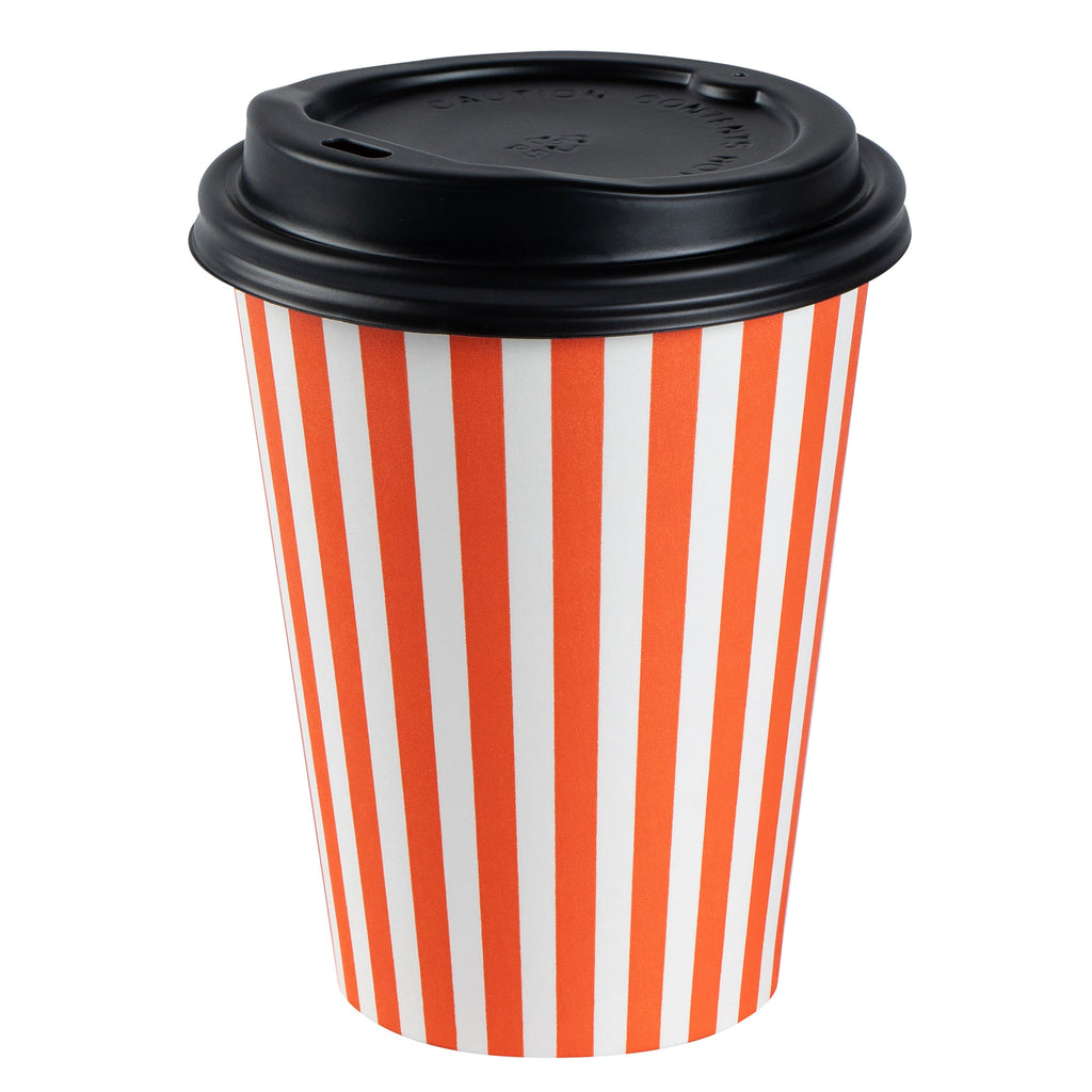 Restpresso 12 oz Orange and White Stripe Paper Single Wall Coffee Cup - with Black Lid - 3 1/2"x 3 1/2"x 4 1/4" - 20 count box