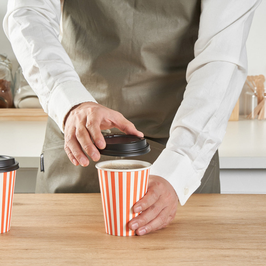 Restpresso 12 oz Orange and White Stripe Paper Single Wall Coffee Cup - with Black Lid - 3 1/2"x 3 1/2"x 4 1/4" - 20 count box