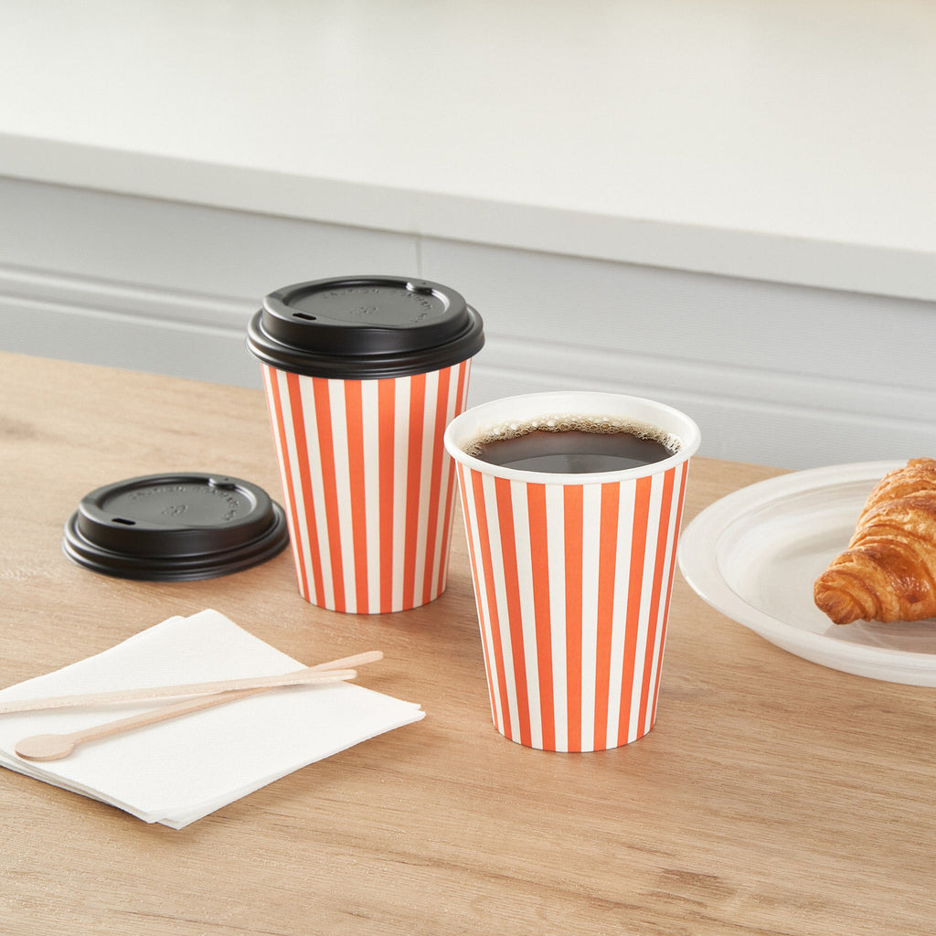 Restpresso 12 oz Orange and White Stripe Paper Single Wall Coffee Cup - with Black Lid - 3 1/2"x 3 1/2"x 4 1/4" - 400 count box