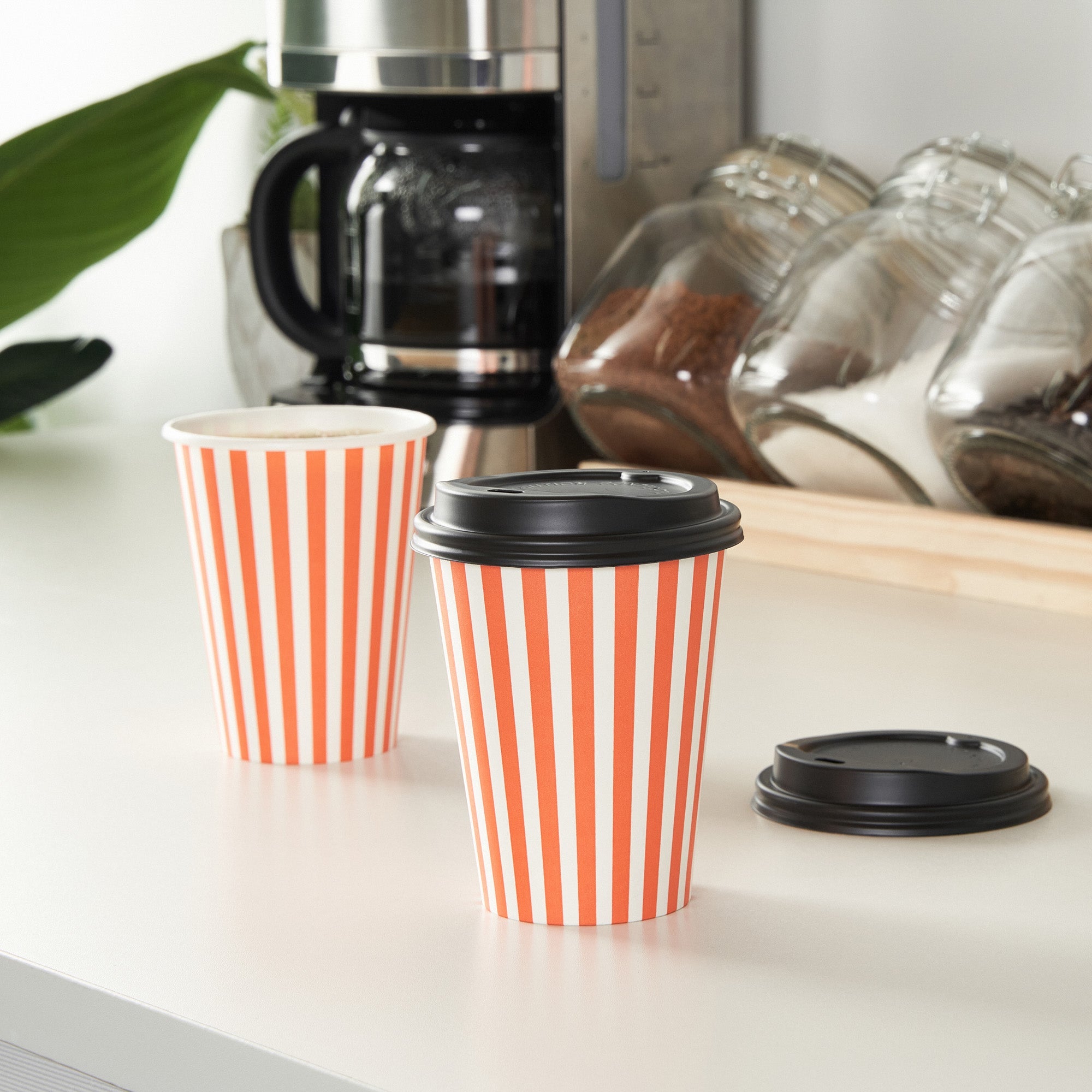 Restpresso 12 oz Orange and White Stripe Paper Single Wall Coffee Cup - with Black Lid - 3 1/2"x 3 1/2"x 4 1/4" - 400 count box
