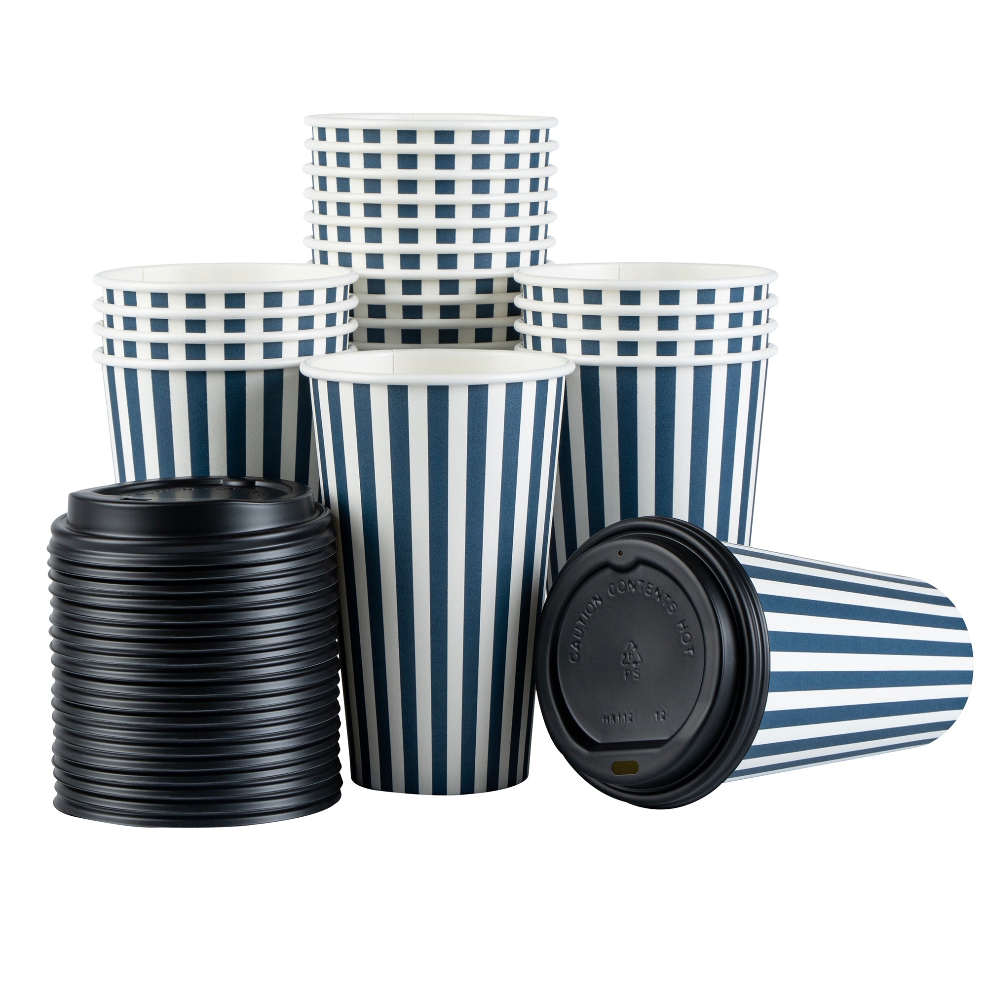 Restpresso 16 oz Blue and White Stripe Paper Single Wall Coffee Cup - with Black Lid - 3 1/2"x 3 1/2"x 5 1/2" - 20 count box