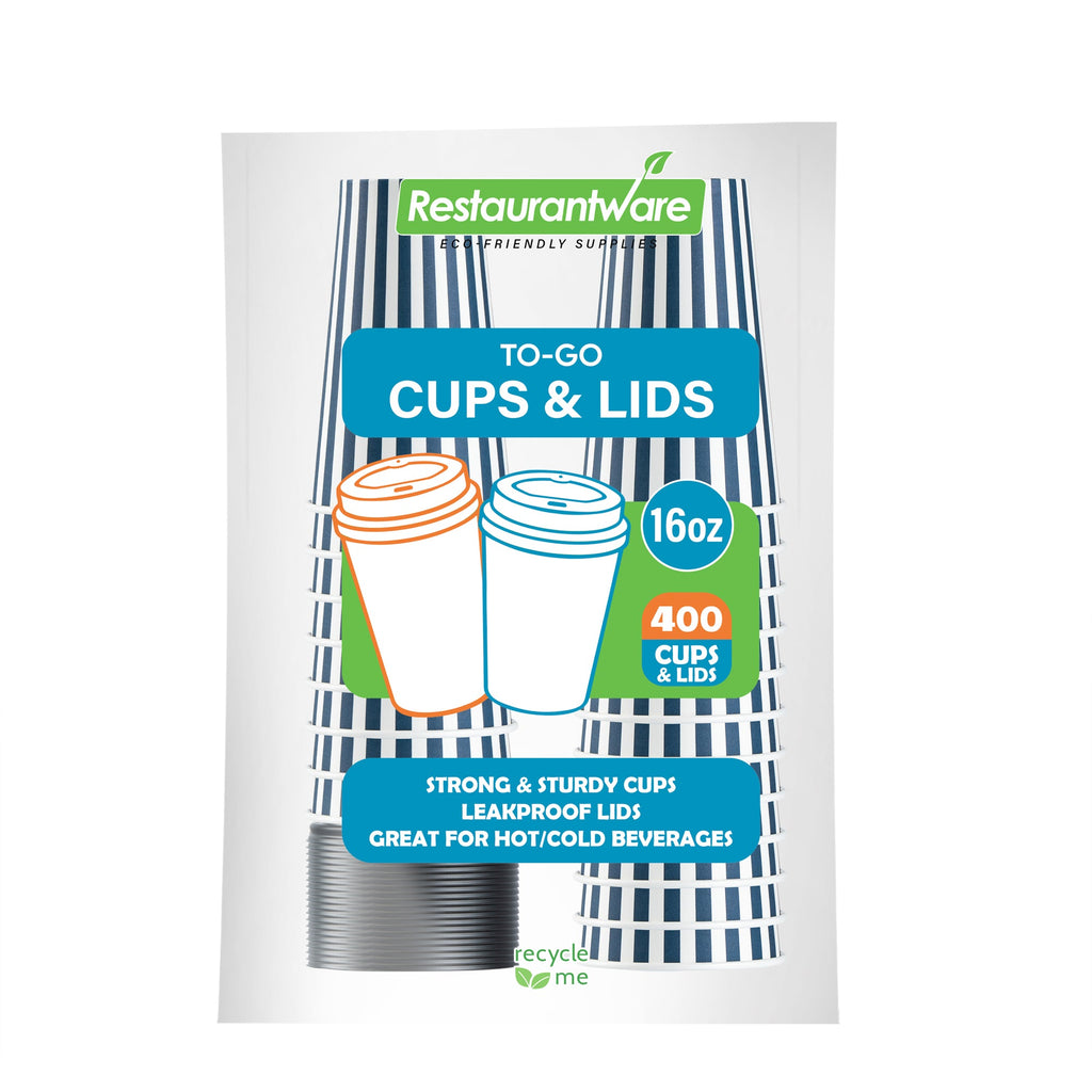 Restpresso 16 oz Blue and White Stripe Paper Single Wall Coffee Cup - with Black Lid - 3 1/2"x 3 1/2"x 5 1/2" - 20 count box