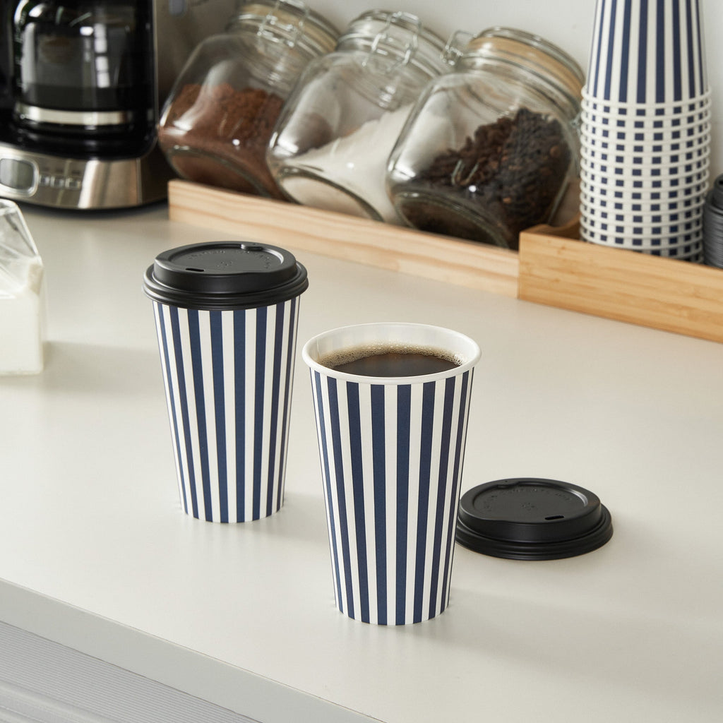 Restpresso 16 oz Blue and White Stripe Paper Single Wall Coffee Cup - with Black Lid - 3 1/2"x 3 1/2"x 5 1/2" - 20 count box