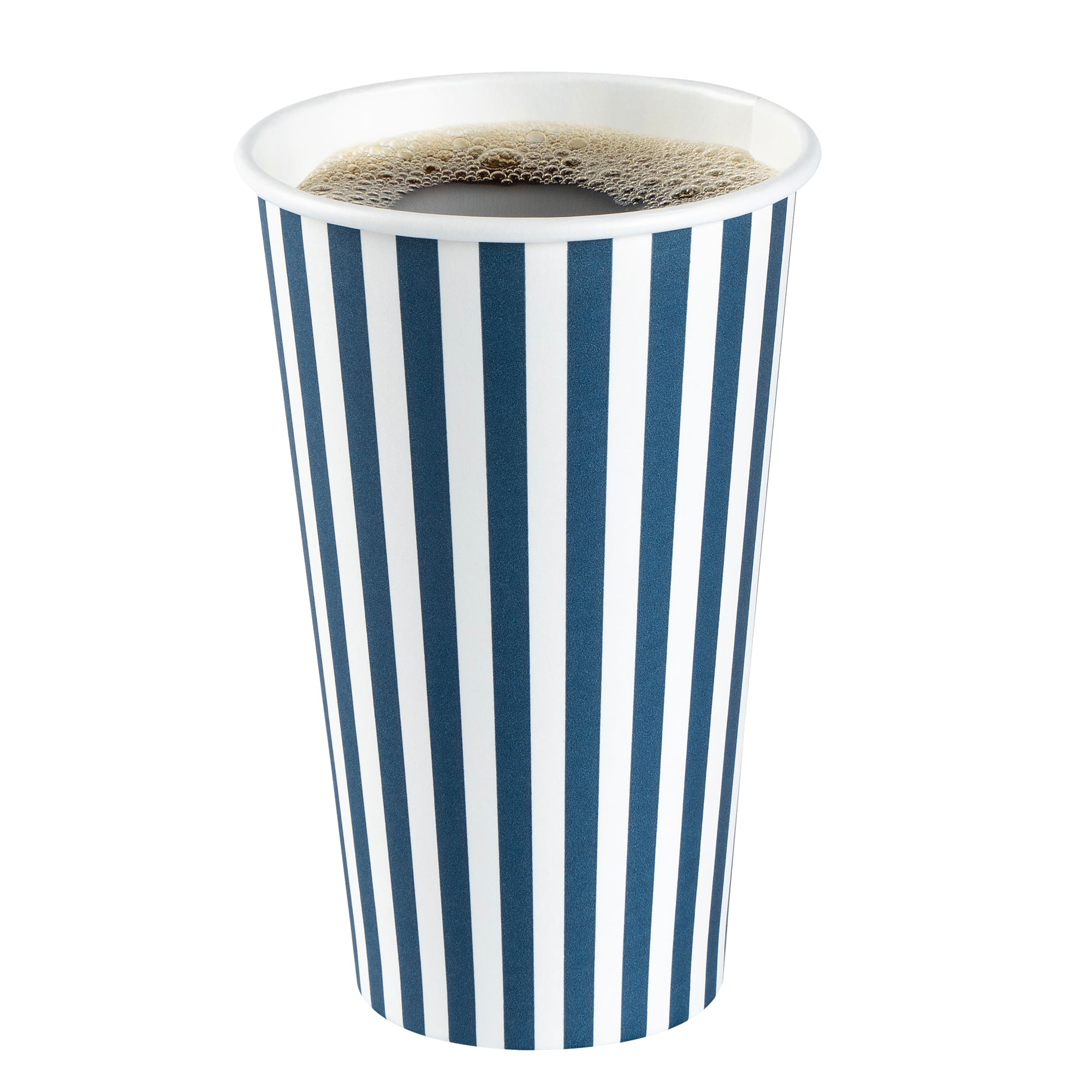 Restpresso 16 oz Blue and White Stripe Paper Single Wall Coffee Cup - with Black Lid - 3 1/2"x 3 1/2"x 5 1/2" - 20 count box